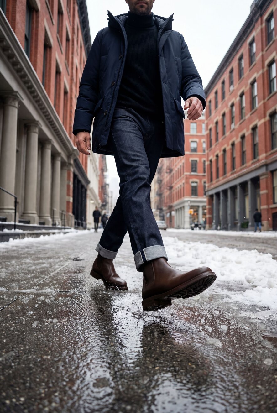 A man seated in a snow-covered sidewalk wearing a navy parka and waxed chelsea boots
