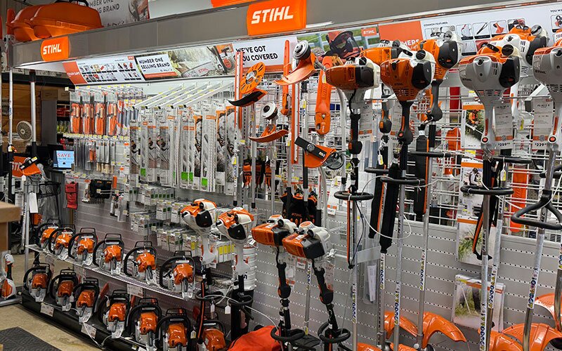 The STIHL aisle at Mahuron's Building Supply.