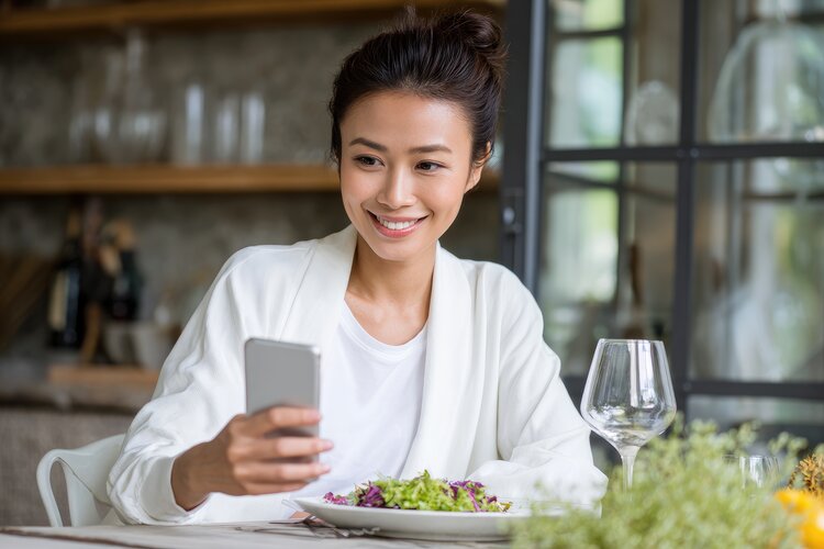 Woman looking at phone smiling while at the dining table