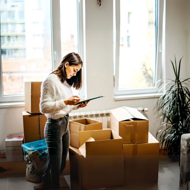 Woman creating a visual inventory of her home and belongings with the Scansurance app while unpacking to prevent loss and ensure documentation with movers.