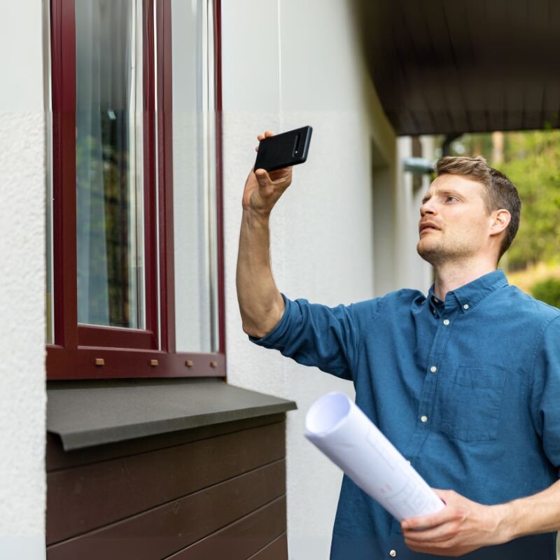 Contractor using Scansurance to capture progress photos outside a home under construction, giving clients a wide-angle visual update without requiring site visits.