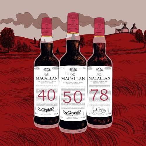 Illustration of 40, 50 and 78 year old Macallan Red whisky