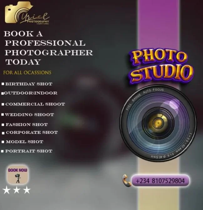Photo studio promotional material with camera lens