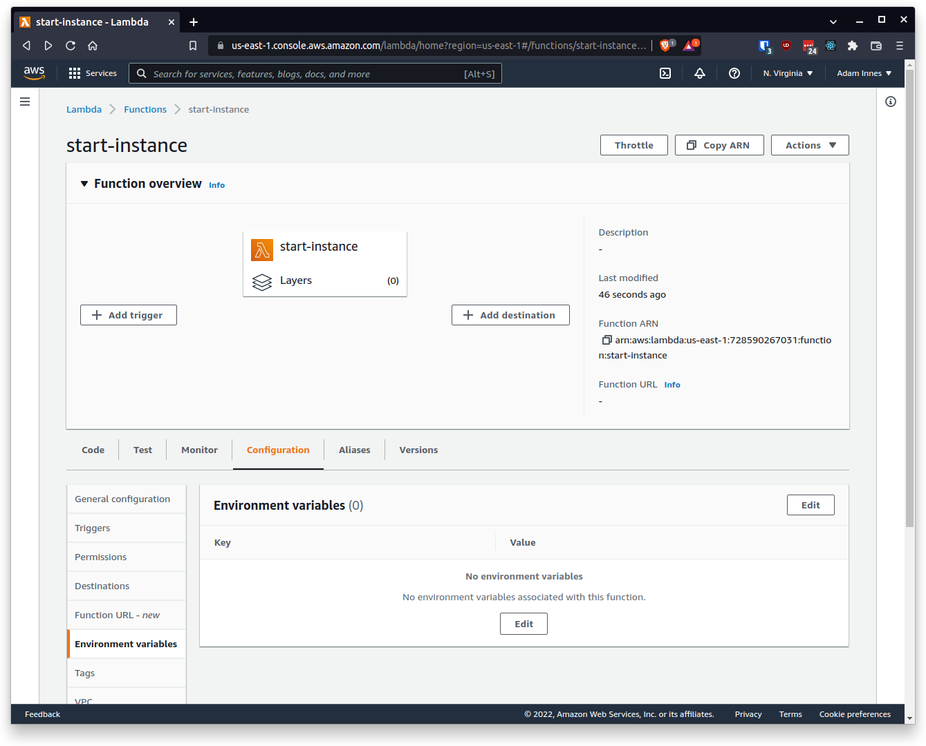 screenshot of lambda creation screen