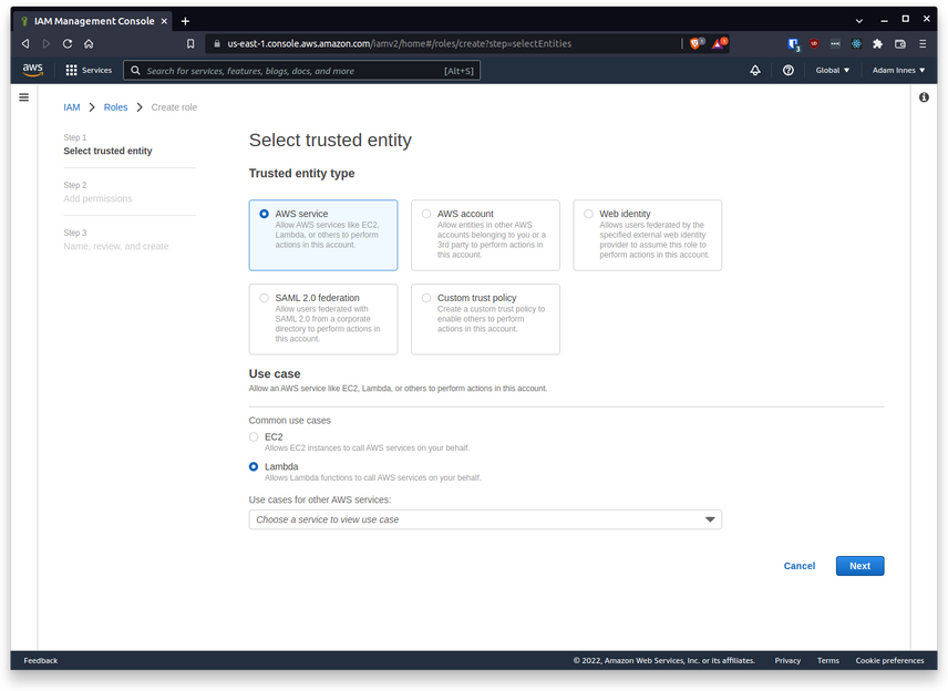 screenshot of aws backend page to create a role