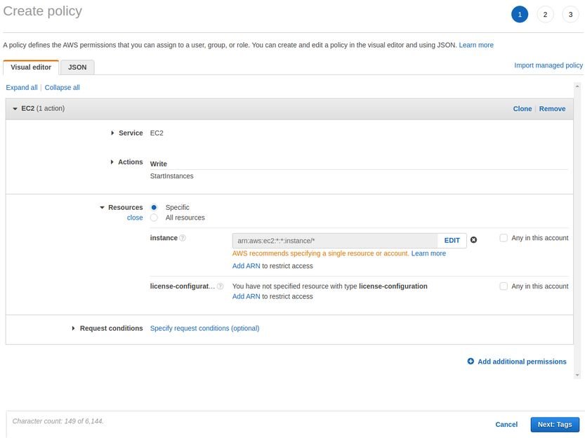 screenshot of aws backend page to create an iam policy