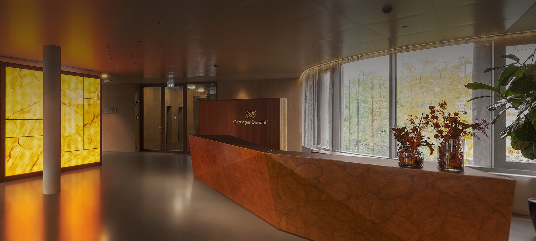 A long corridor with a reception desk and a plant that creates an inviting atmosphere.