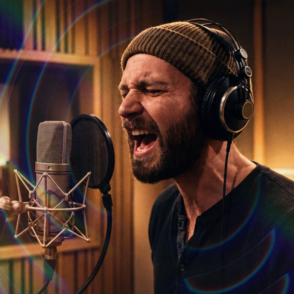 A man wearing headphones in a recording studio singing into a microphone