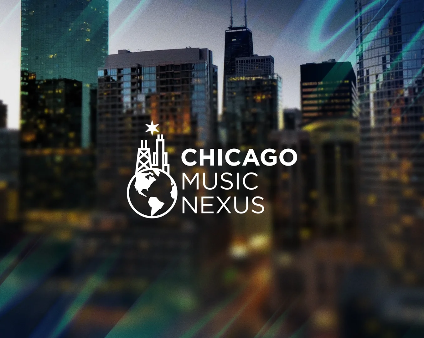 City view with Chicago Music Nexus logo overlayed