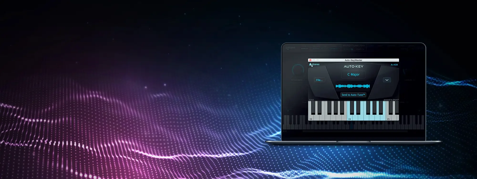 AutoKey on a Macbook, on a pink, purple, and blue dot wave on a black background