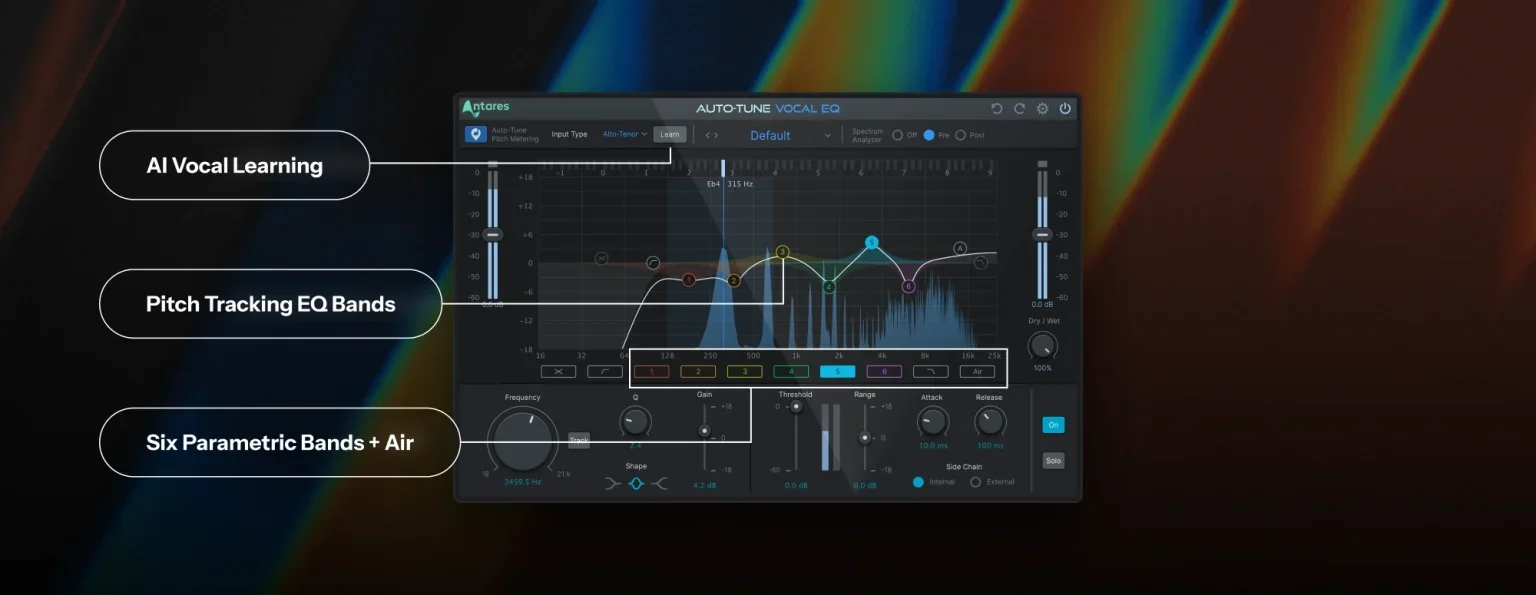 Infograph of Vocal EQ highlighting AI Vocal Learning, Pitch Tracking EQ Bands, and the Six Parametric Bands and Air feature