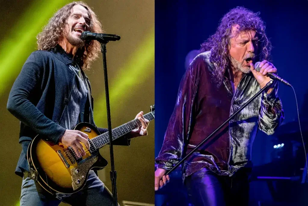 Chris Cornell on the left playing the guitar and singing into a microphone and Robert Plant on the right singing into a microphone