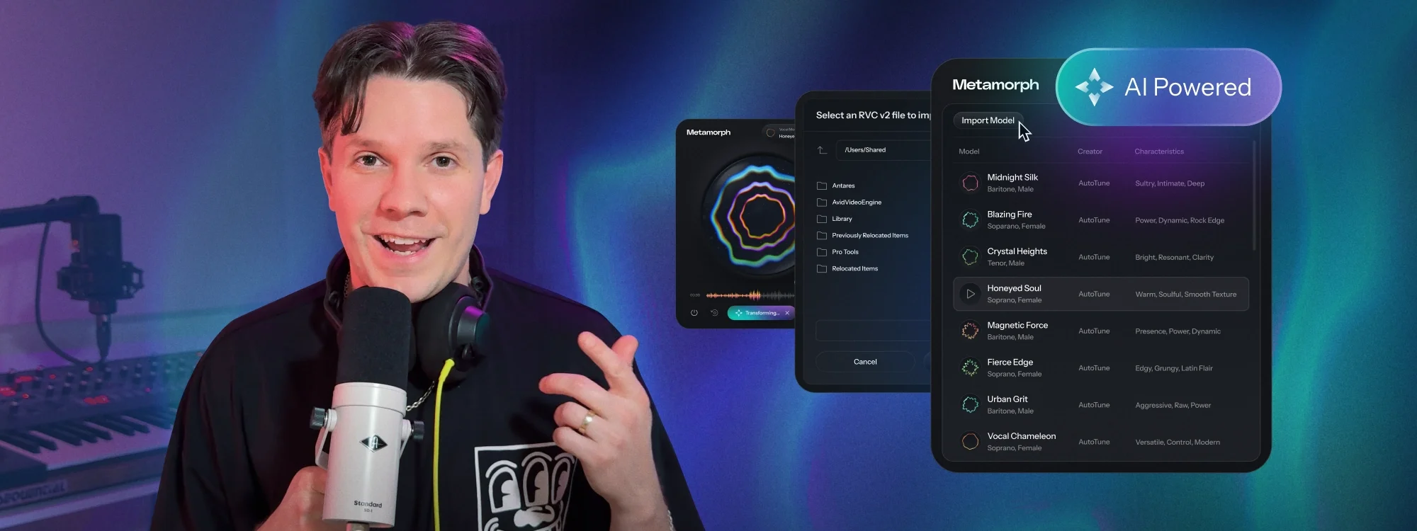 A man on the left talking into a microphone with the Metamorph plugin interfaces overlayed on the right