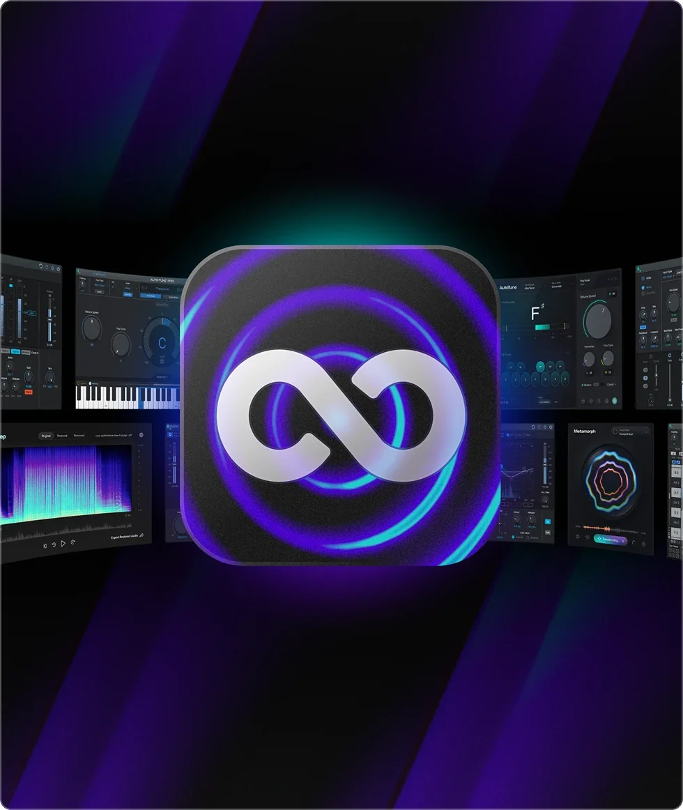 AutoTune Unlimited infinity logo with wall of AutoTune plugin interfaces behind it