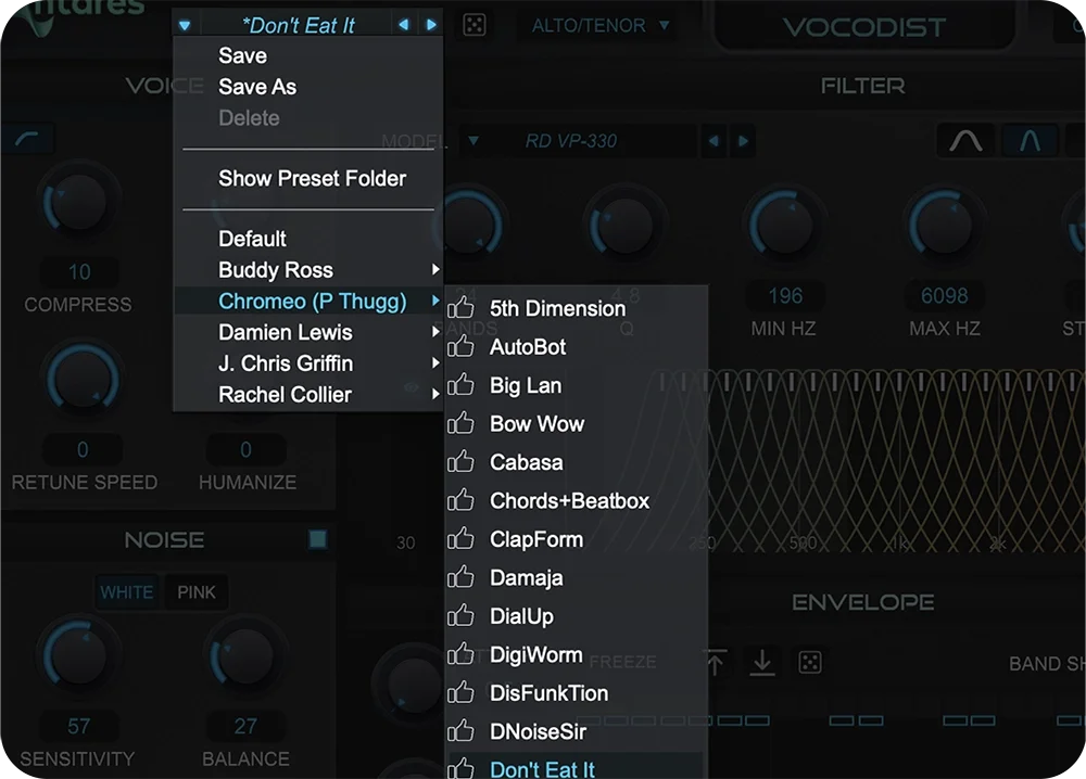 Vocodist by AutoTune displaying Artist Presets