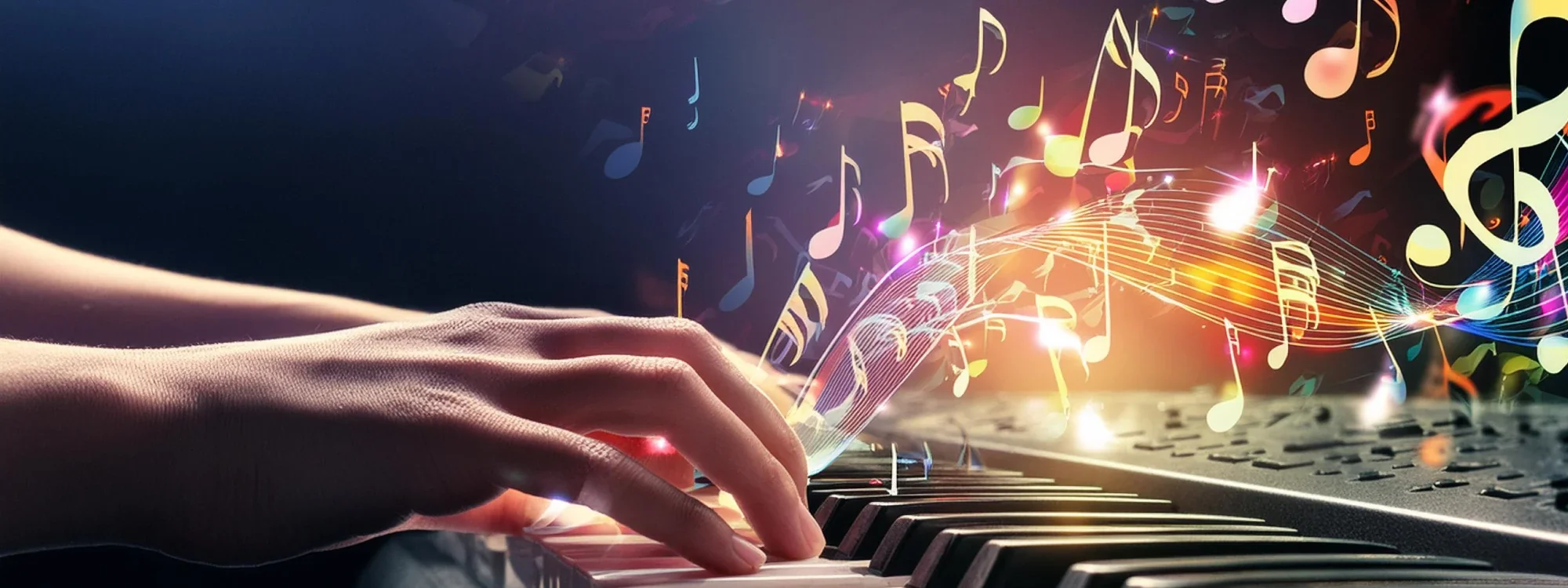 Fingers playing keyboard with notes lighting up and floating