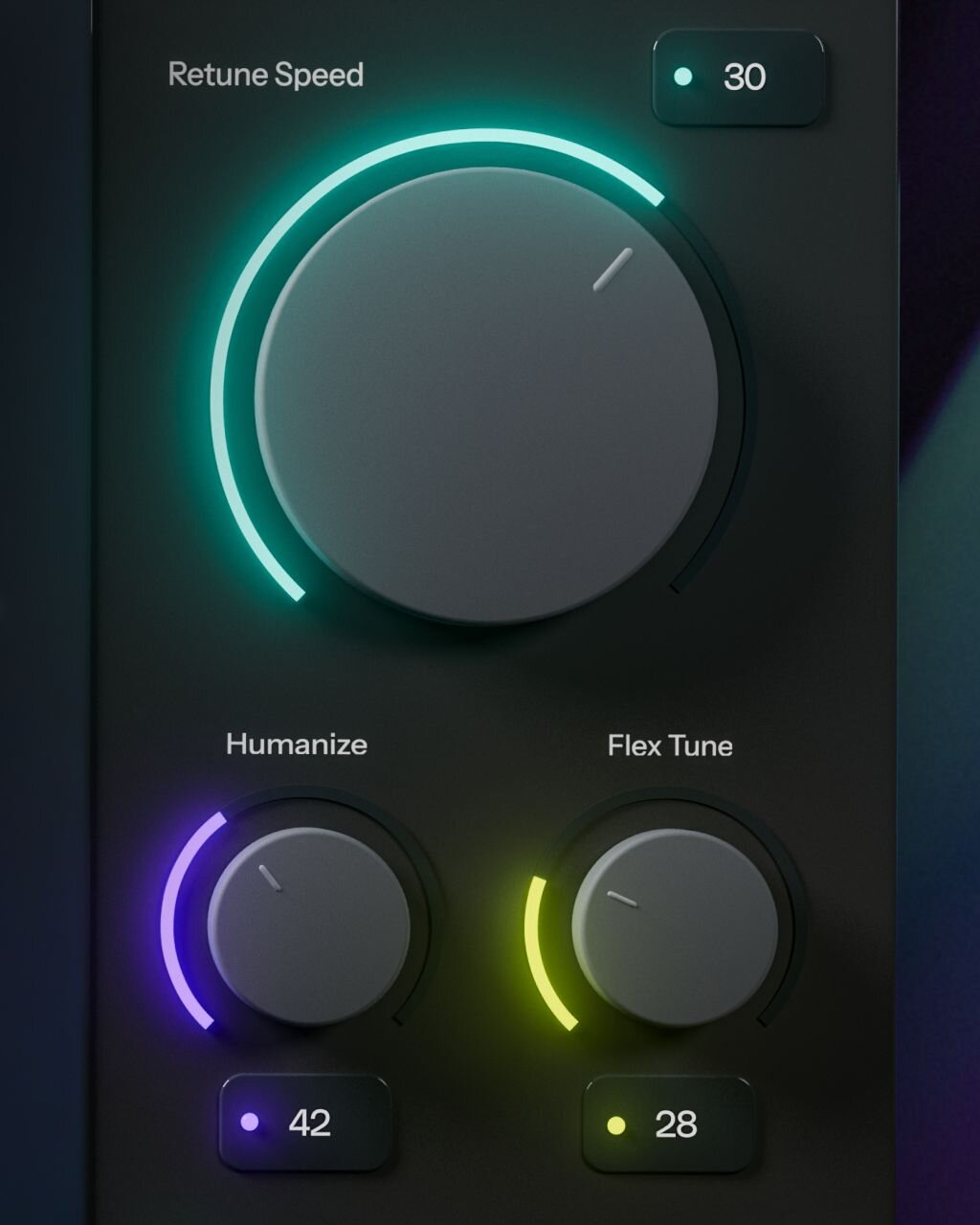 Close up at the Retune Speed, Humanize, and Flex Tune knobs