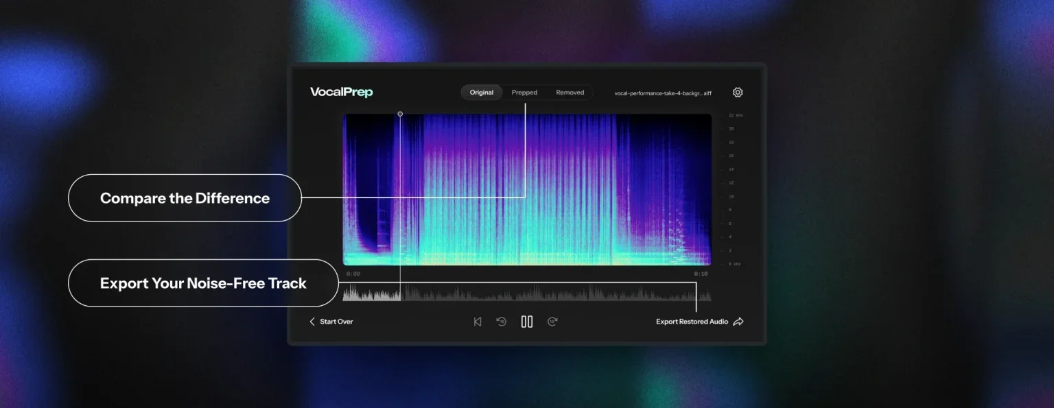 Infograph of the Vocal Prep interface highlighting the Compare and Export features