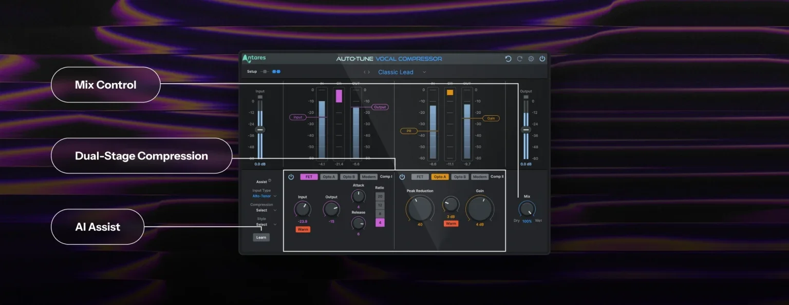 Infograph of Vocal Compressor highlighting the Mix Control, Dual-Stage Compression, and AI Assist features