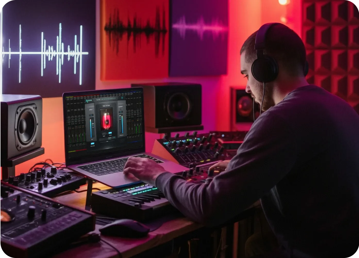 A man working in a recording studio with Warm plugin on computer