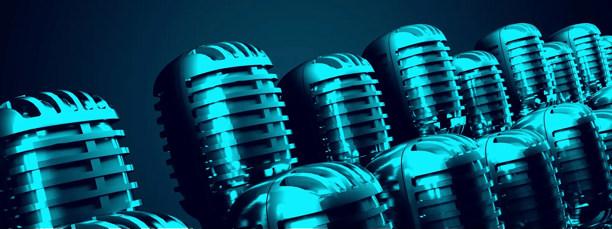 Two rows of teal green and black vintage microphones