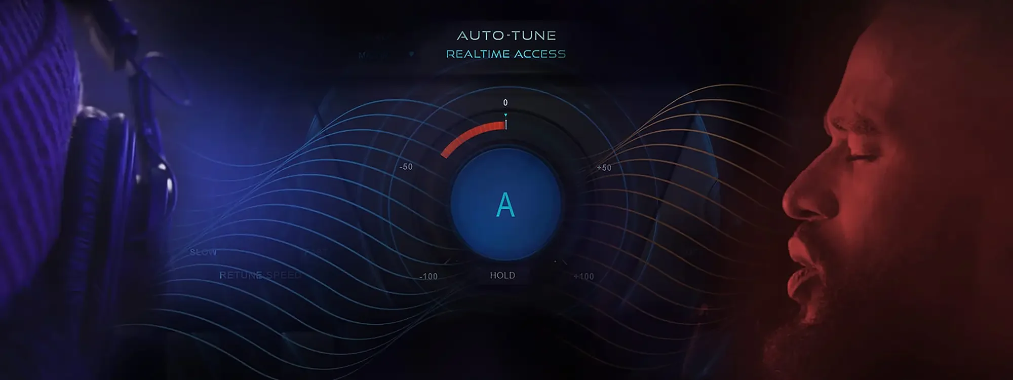 Half of a blue-tinted person wearing headphones on the left, with a red-tinted profile of man on the right. "Auto-Tune Realtime Access" in the center