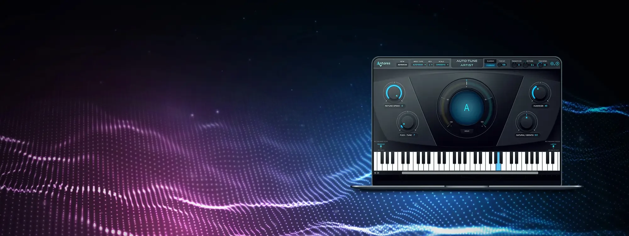 Auto-Tune Artist on a Macbook, on a pink, purple, and blue dot wave on a black background
