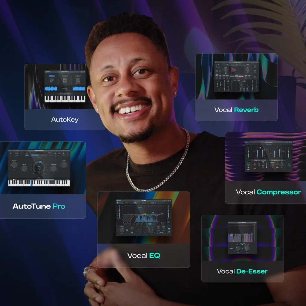 A man at the center with AutoTune plugin interfaces overlayed on top of him as if they are swirling around him