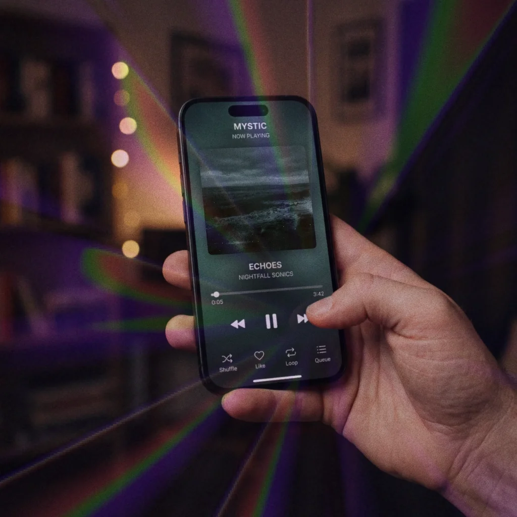 A hand holding a cell phone playing a song