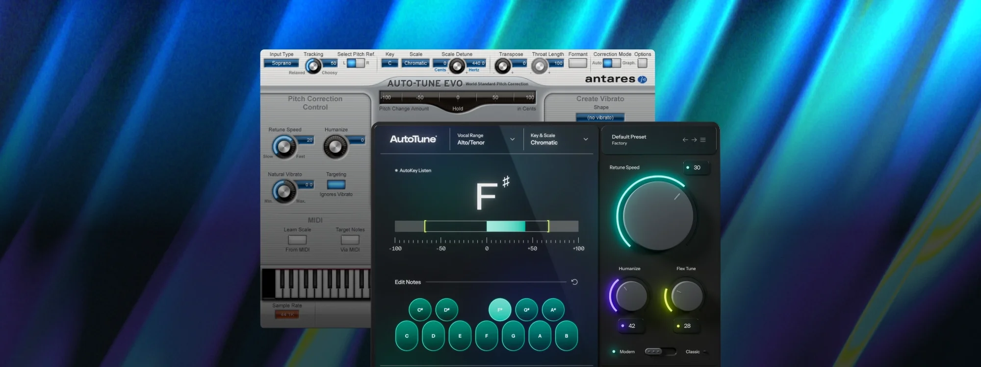 Legacy AutoTune EVO plugin interface behind the new AutoTune 2026 plugin interface