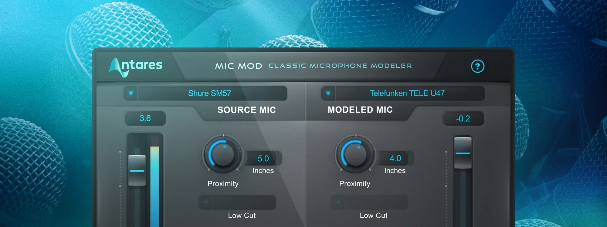 Mic Mod plugin interface on a blue/teal background with microphone heads overlayed repeatedly