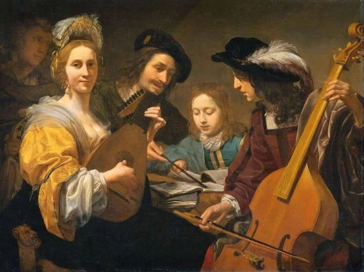 A painting of people playing instruments