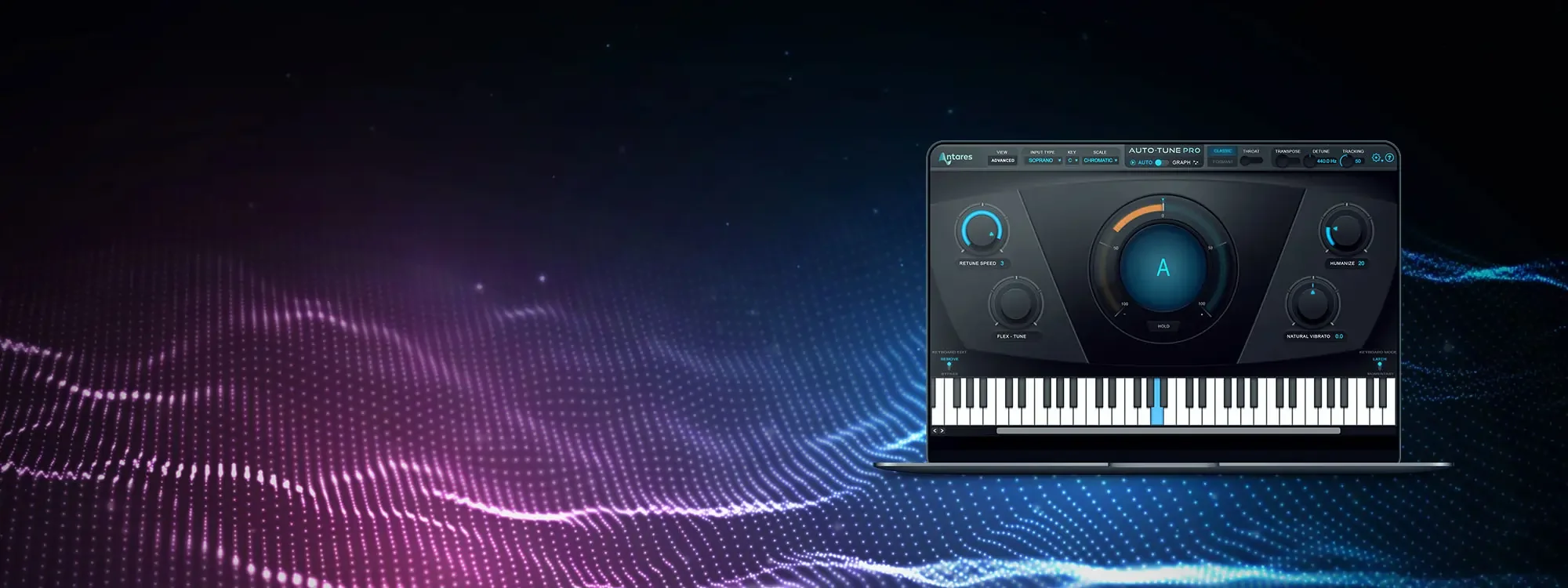 AutoTune Pro interface on a Macbook on a black background with pink, purple, and blue dot wave