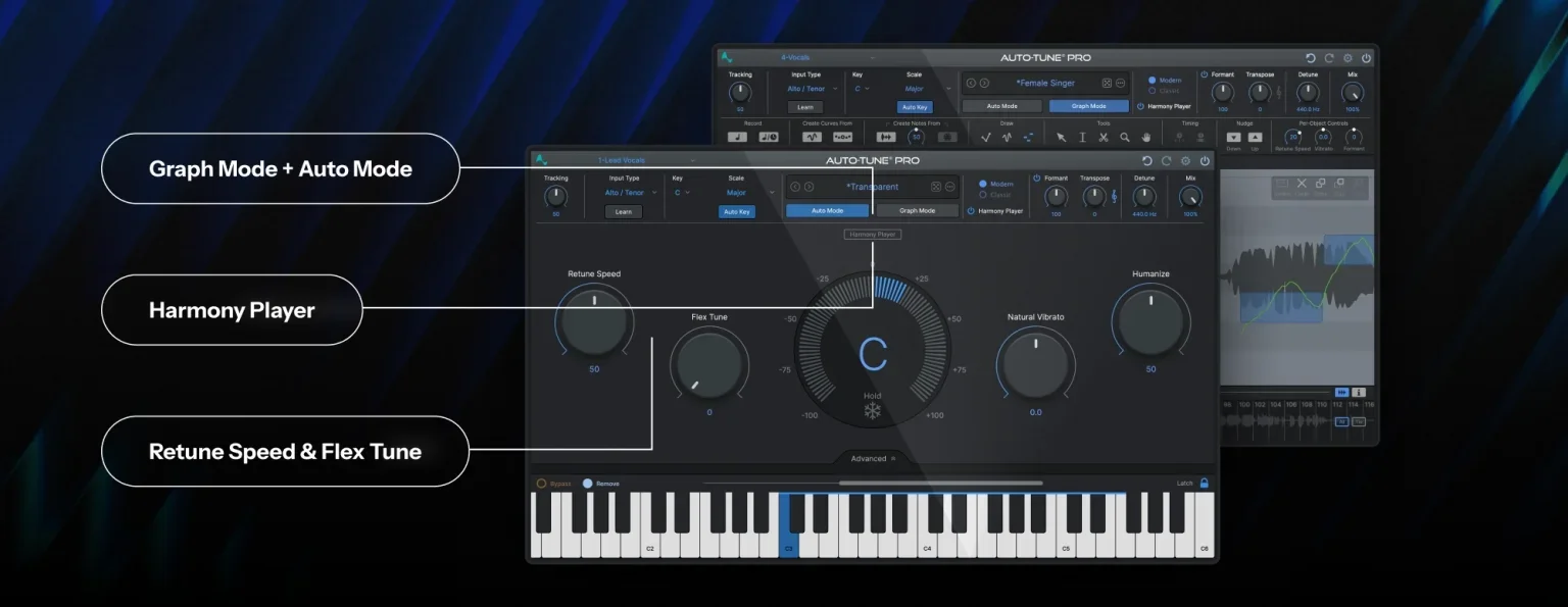 Infograph of AutoTune Pro 11 highlighting Graph Mode and Auto Mode, the built-in Harmony Player, and Retune Speed and Flex Tune