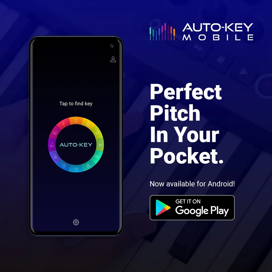 AutoKey Mobile: Perfect Pitch in your Pocket. Now available for Android. Get it on Google Play. With an image of a phone running AutoKey