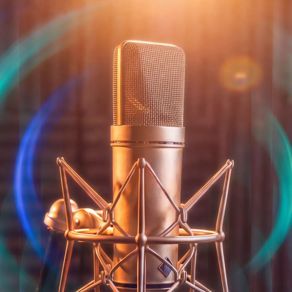 A recording microphone with rings of light around it