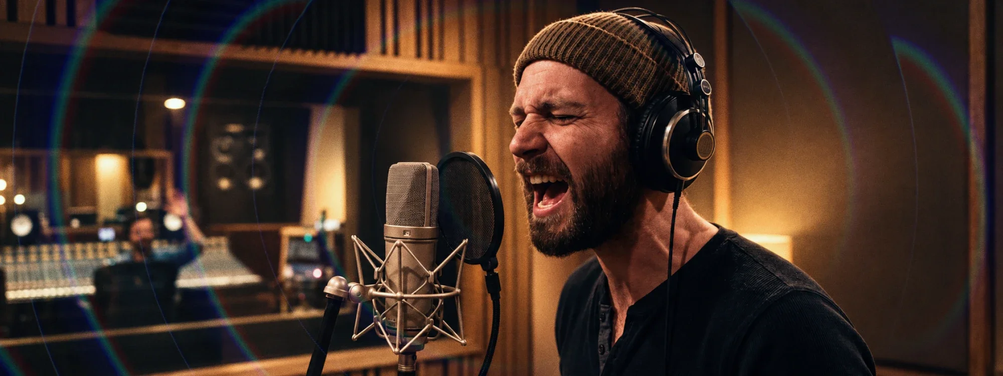 A man wearing headphones in a recording studio singing into a microphone