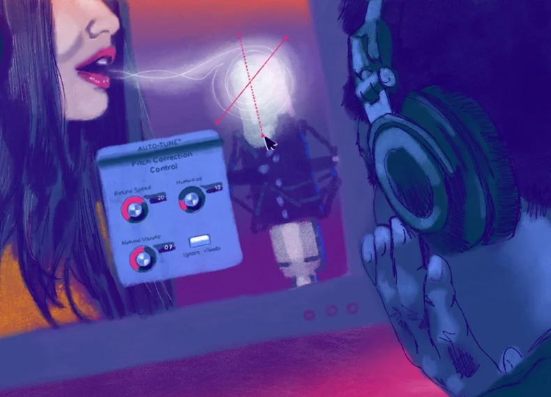 An illustration of a woman singing into a microphone with AutoTune on