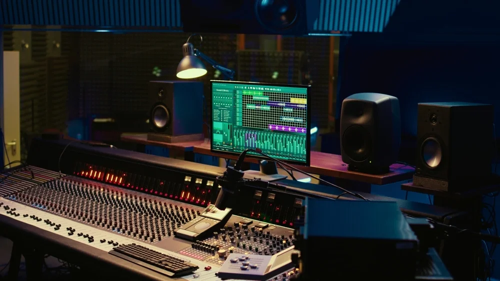 A wide shot of a recording studio