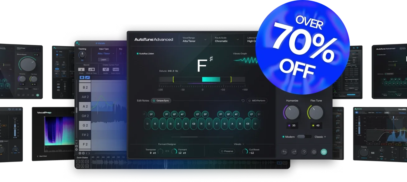 Save over 70% on AutoTune Unlimited annual and get every vocal tool, plus AutoTune Pro 11, FREE to keep.