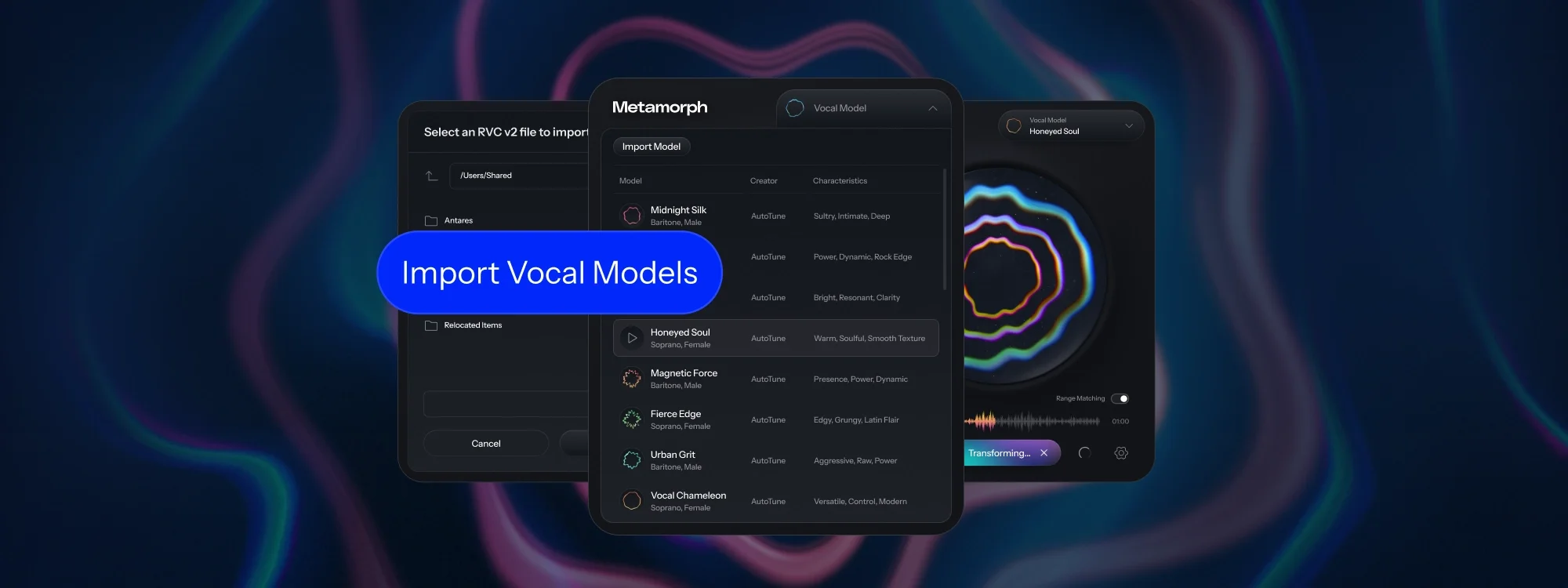 Metamorph plugin interface showing the Import Vocal Models panel