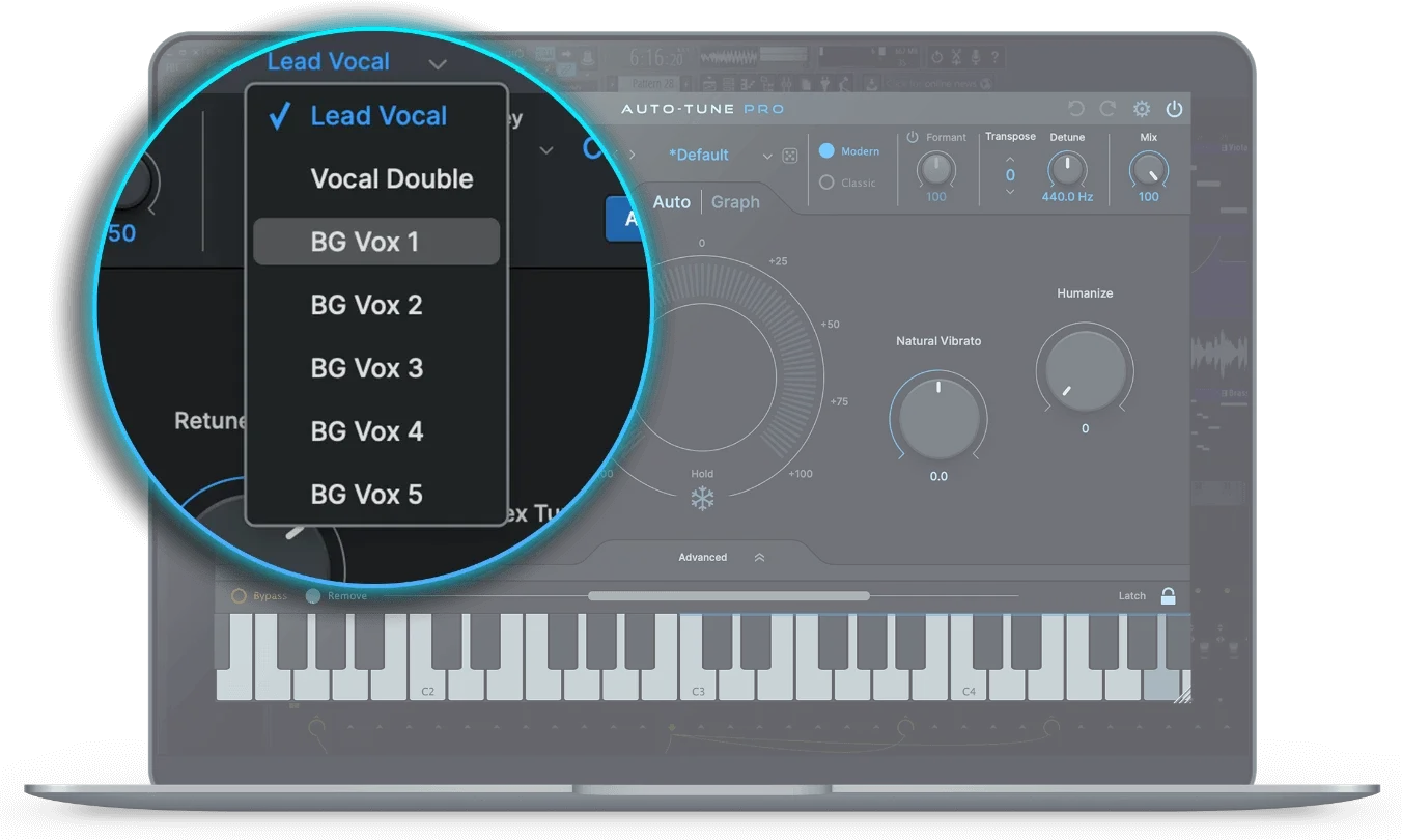 MacBook with AutoTune Pro X Instances Menu in Dark mode interface