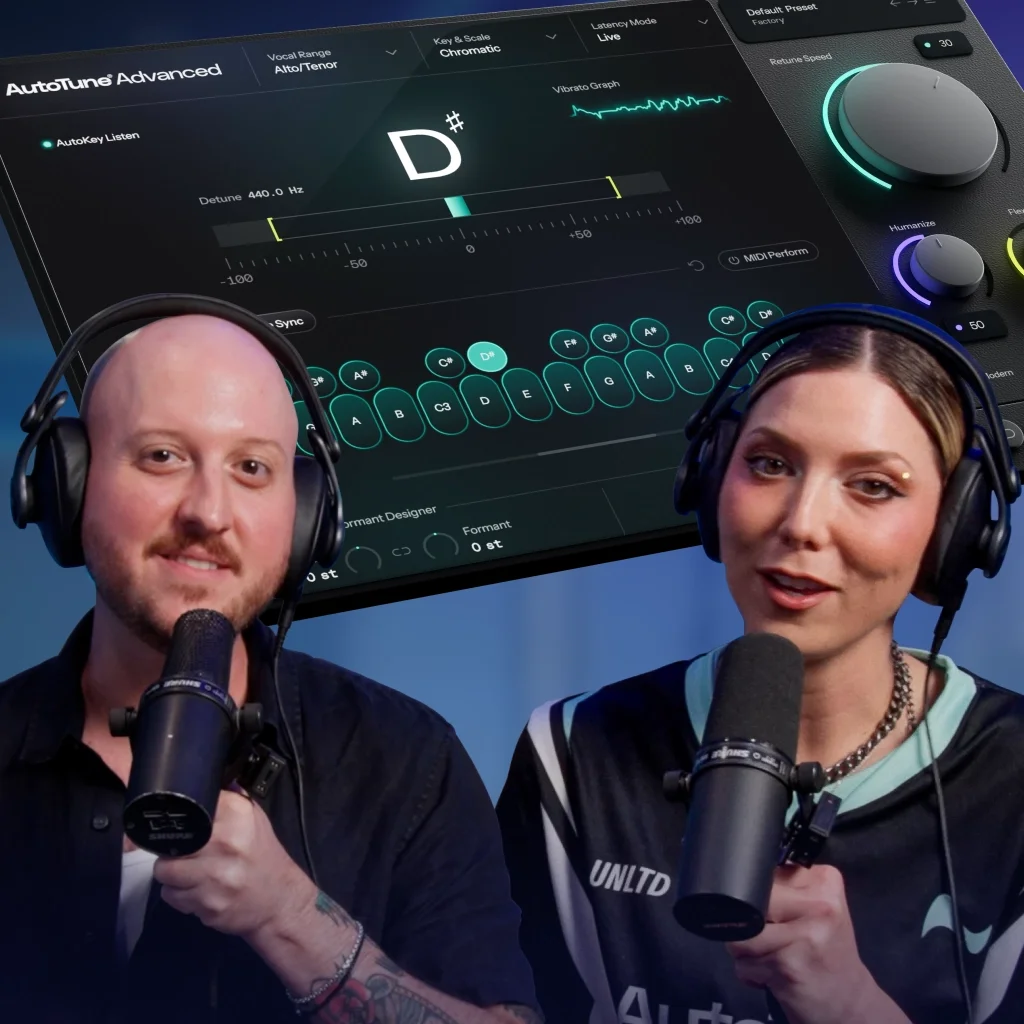 A man and a woman speaking into microphones with AutoTune Advanced plugin interface on the right