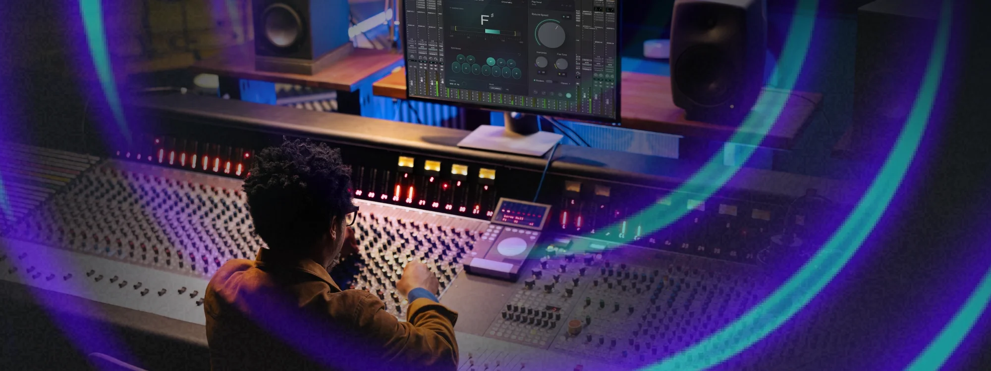 A man sitting at a mixing console in a recording studio