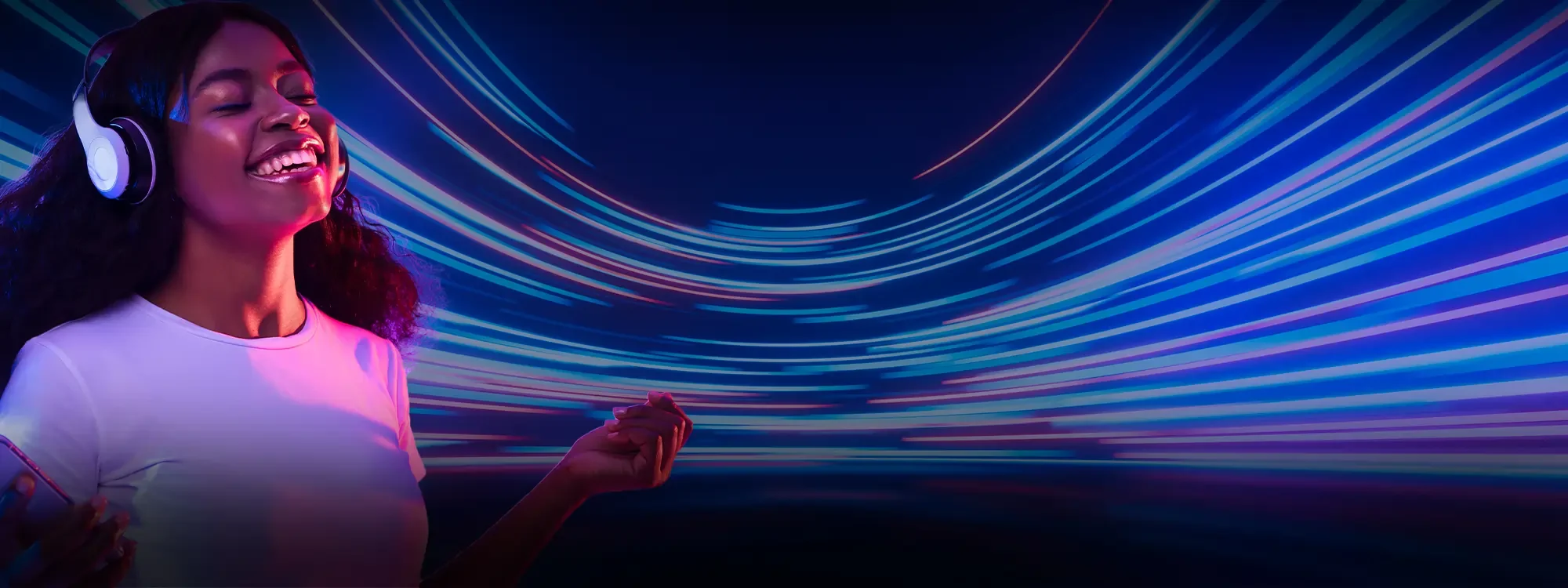 A woman wearing headphones with a blue light swirl in the background
