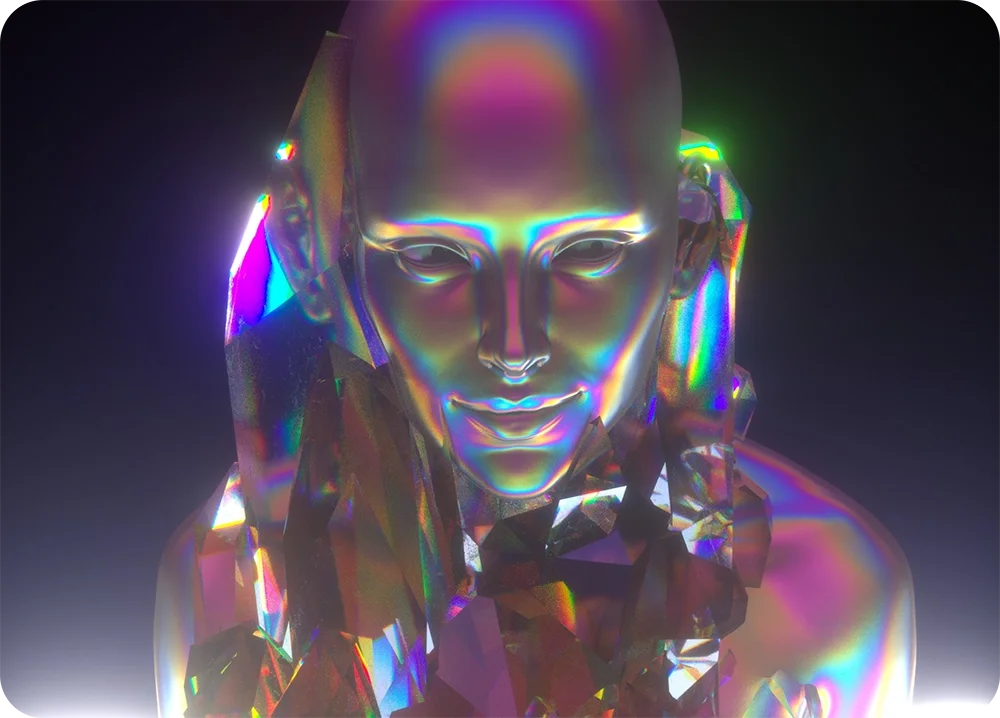 Iridescent crystal humanoid figure with a colorful prismatic reflections