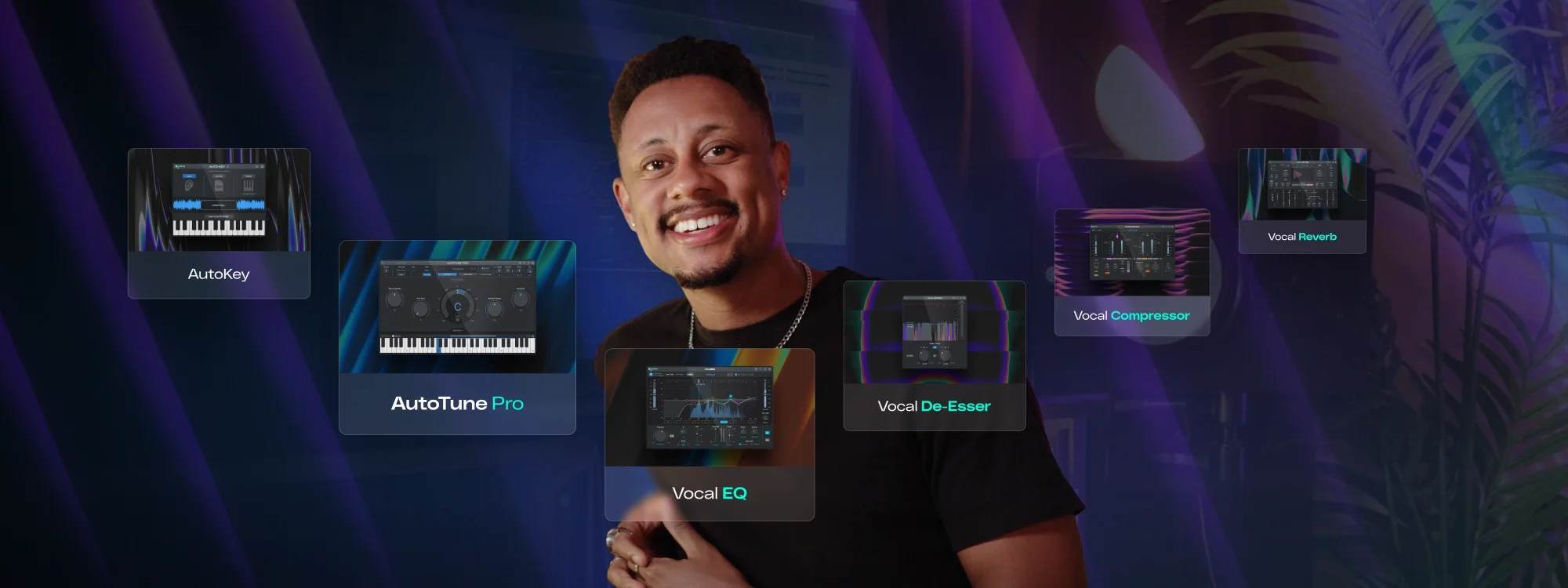 A man at the center with AutoTune plugin interfaces overlayed on top of him as if they are swirling around him