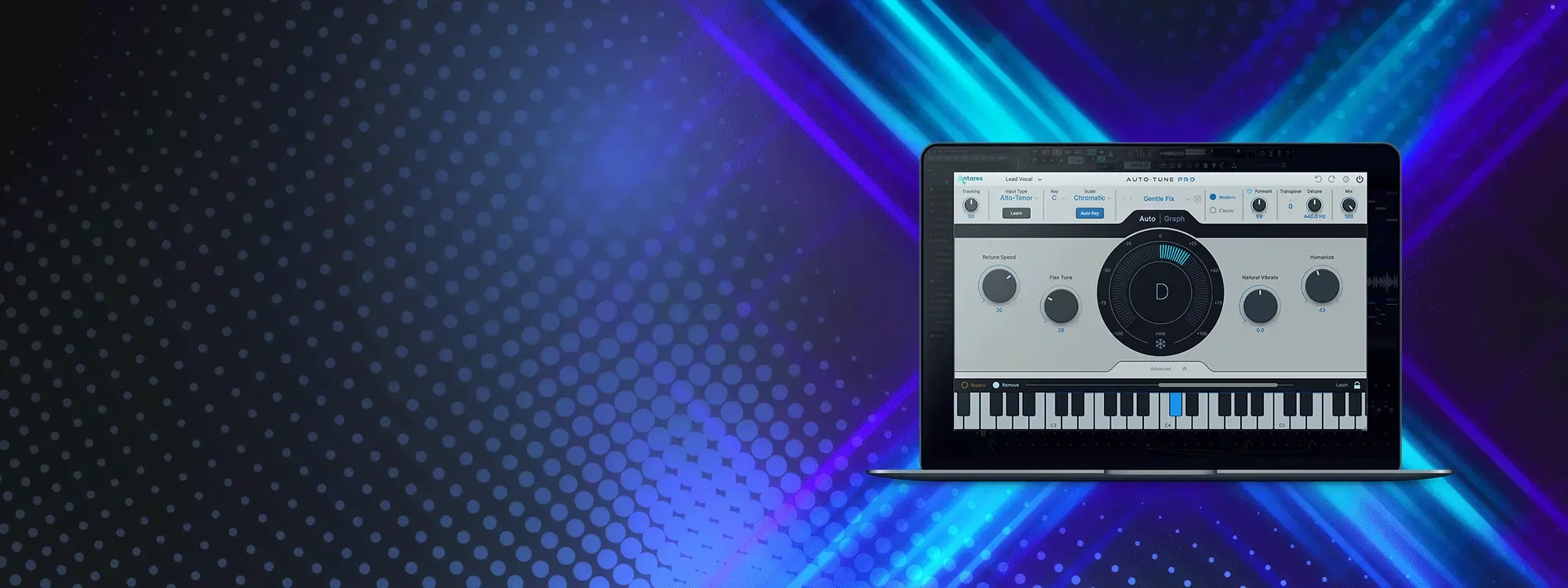 AutoTune Pro X interface on a Macbook on top of a blue background with an X behind it