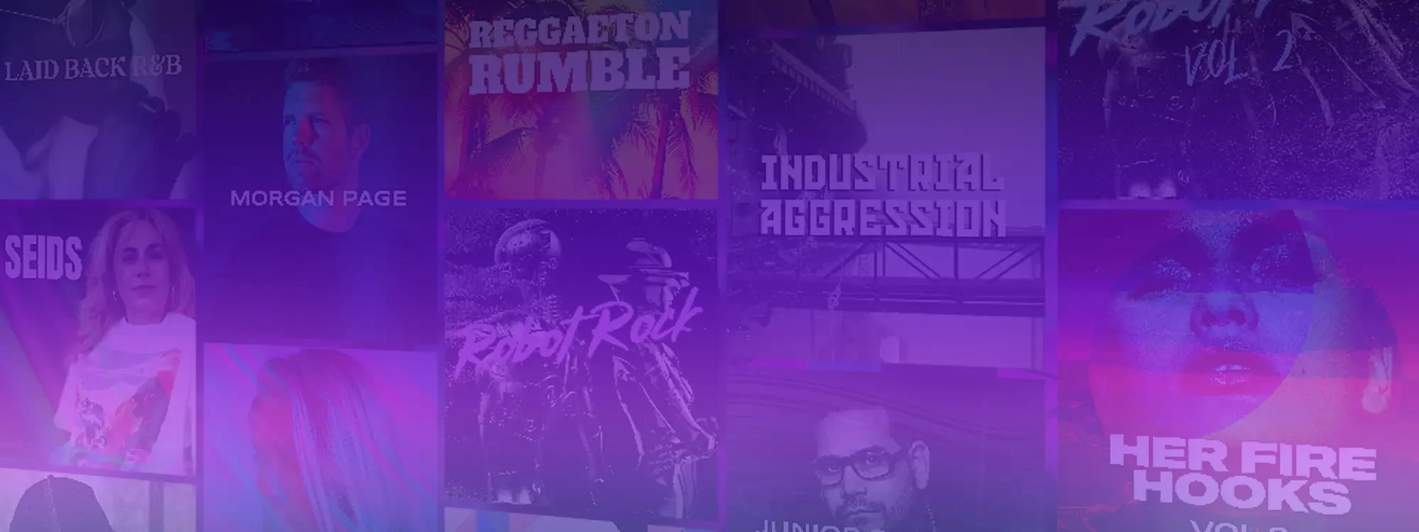 Titled album covers overlayed onto a purple background