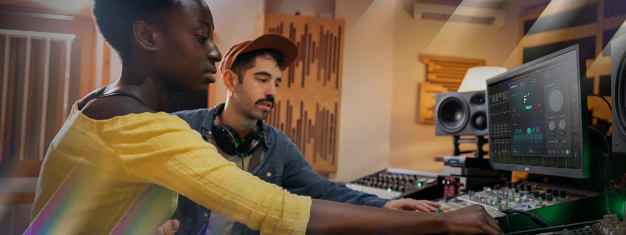 A man and a woman sitting in front of a computer monitor running AutoTune software